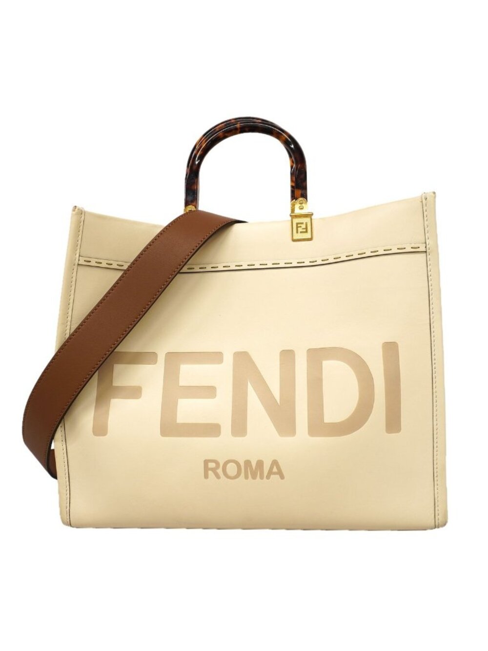 Fendi Tote Bag Sunshine Leather Ivory Gold 2-Way